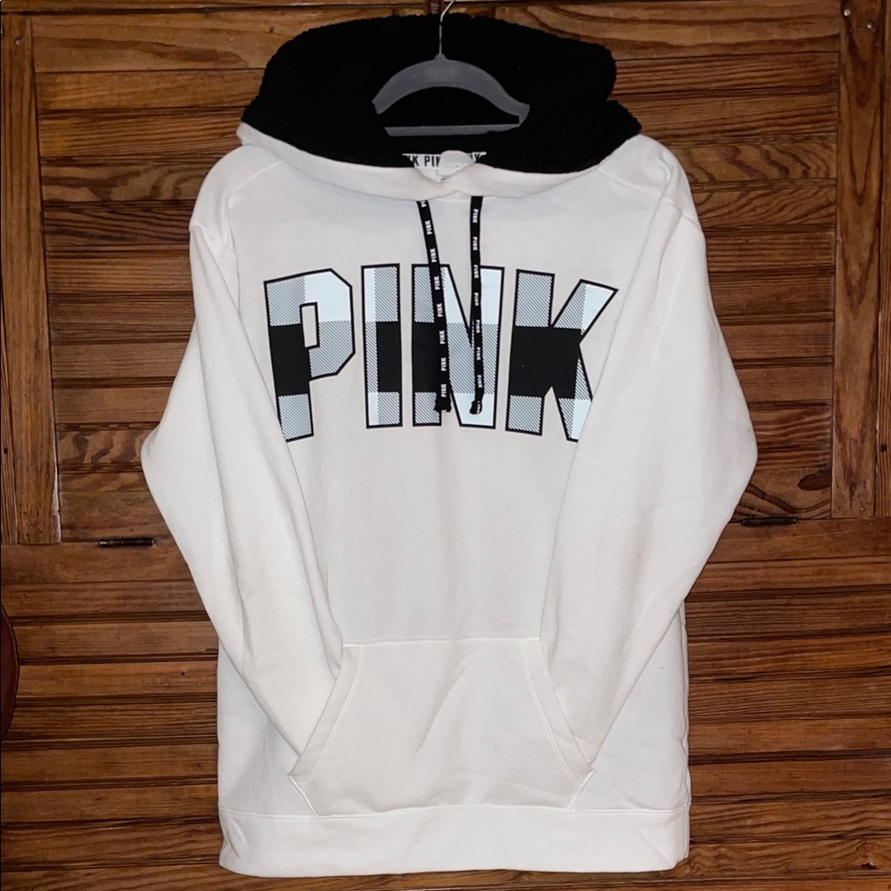 Victoria Secret PINK White Hoodie with Black and Light Blue Logo